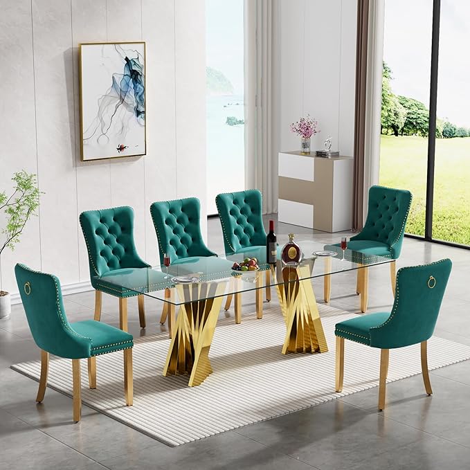 7 Piece Glass Dining Table Set,70" Dinner Room Glass Table Set for 6,Modern Kitchen Dinner Table Set with Stainless Steel Base and 6 Upholstered Velvet Dining Chairs for Living Dining Room