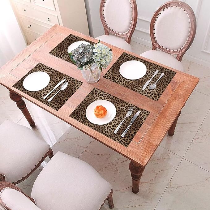 Brown Leopard Placemats Set of 4 Black Cheetah Skin Wild Animal Print Wipeable Table Mats Reusable Washable PVC Rectangle Place Mats for Kitchen Dining Home Decor 12x18 Inches