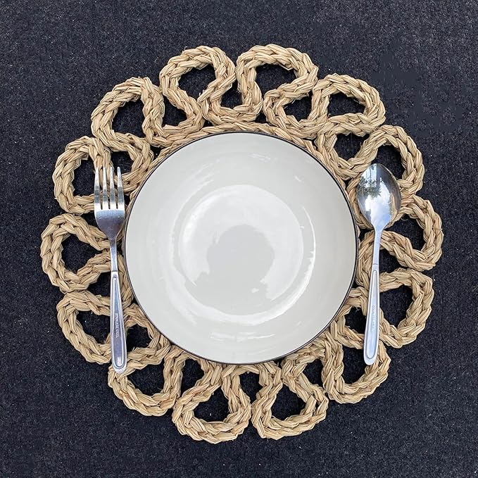 13.8" Set of 4 Round Seagrass Placemats | Boho Woven Rattan Table Mats | Farmhouse Wicker Spring Plate Chargers Like Water Hyacinth, Seagrass for Wedding, Party, Christmas, Events