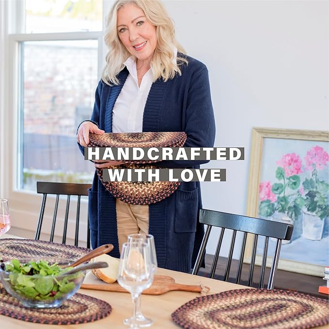 Homespice Prescott Jute Braided Placemats, Country Primitive Decor, Set of 4, Black and Red 13x19 Oval Table Mats - Vibrant Colors, Durable, Easy to Clean and Protects Furniture
