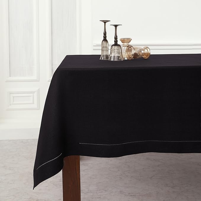 Solino Home Black Linen Tablecloth 60 x 90 Inch - 100% Pure Linen Hemstitch Table Cloth for Rectangle Tables - Classic Hemstitch, Machine Washable Tablecloth for Winter, Spring, Easter