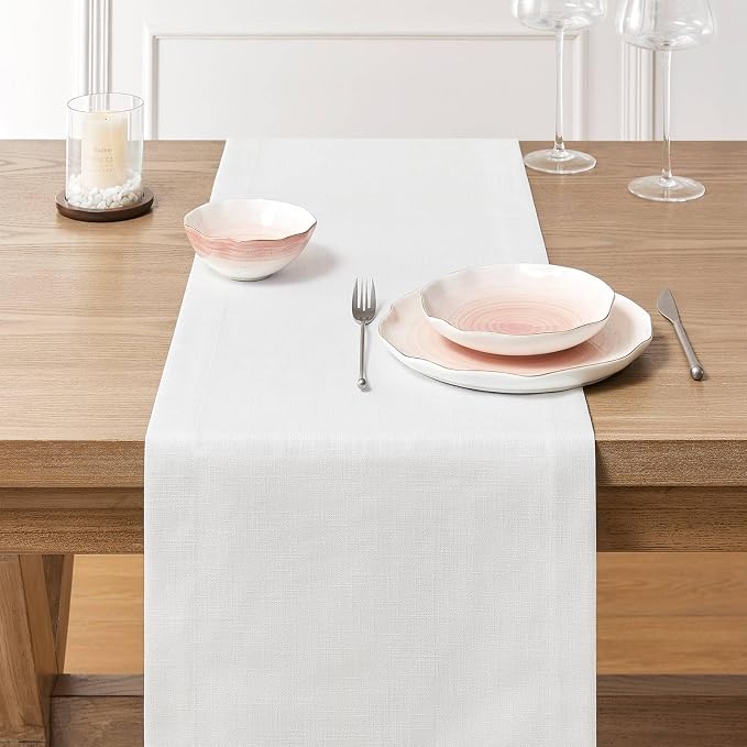 Linen Textured Border Table Runner, 14 x 36 Inch White | Mitered Corner Design - Image 3
