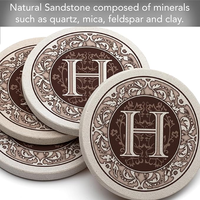 Thirstystone Monogram Round Sandstone Coaster4 Pack | 4" Diameter, Manufactured - Image 5