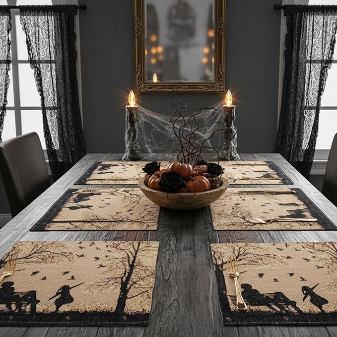 DaDalogy Farmhouse Rustic Dining Placemats - Set of 4 Tapestry Woven Cotton Halloween Kitchen Table Mats Fall Silhouette Decor - Family Cozy Cabin Orange Tan Black Decorative - 13” x 19”