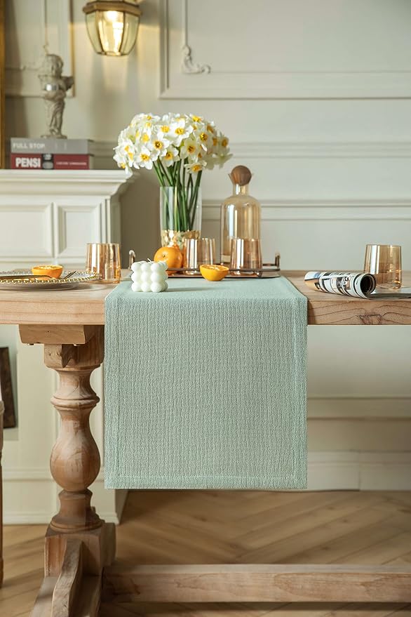 Burlap Style Farmhouse Table Runner, 14x90 Inches Seafoam | Thick Durable Fabric - Image 2