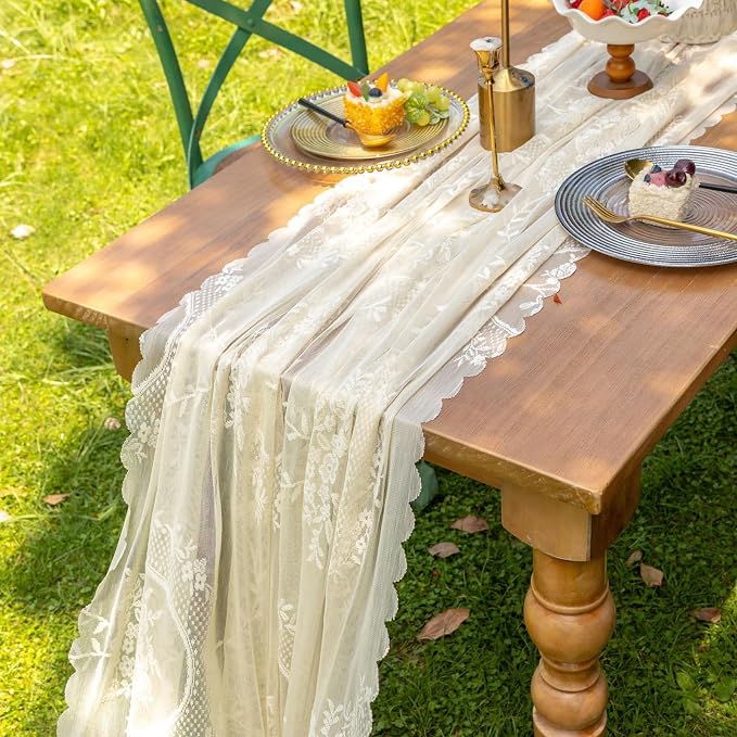 vctops Beige Lace Table Runner 120 inch 10FT Floral Embroidered Boho Farmhouse - Image 4