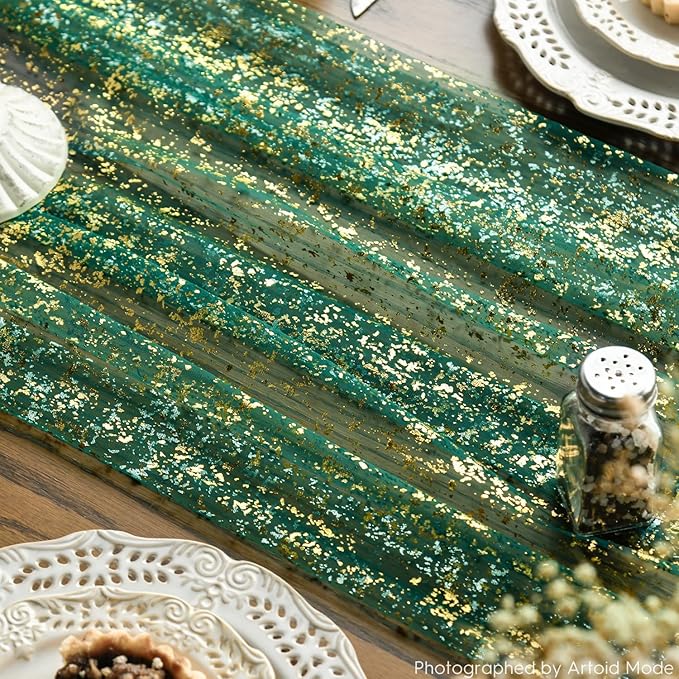 Artoid Mode Green Gold Gauze Table Runner 59x120 Inch 10FT, Glitter Metallic Foil Sheer Dining Wedding Anniversary Holiday Table Decor for Home Party