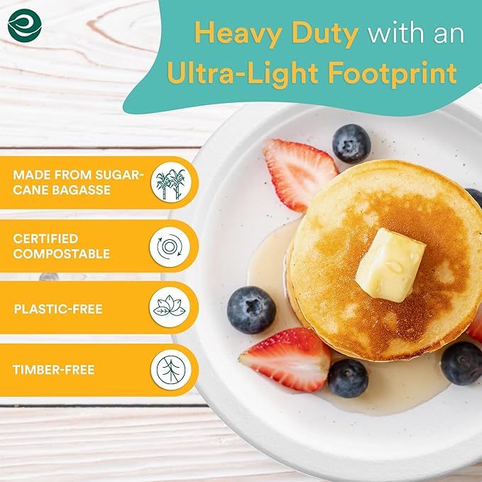 ECO SOUL 9 Inch Compostable Disposable Paper Plates [400 Pack] Food Safe 100% Virgin Bagasse Pulp Heavy Duty Biodegradable Microwave Safe Large Round Dinner Plate for Party, Picnic & BBQ (White)