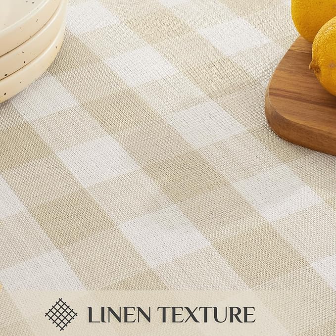 Softalker Checkered Tablecloth Rectangle, Outdoor Linen Cotton Gingham Table Cloth with Tassel, Heavy Duty Wrinkle Free Buffalo Plaid Table Cover for Kitchen Dining Home Party - 55 x 84 Inch, Beige