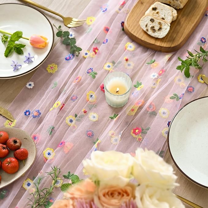Artoid Mode Pink Embroidery Daisy Gauze Table Runner 59x120 Inch 10FT | - Image 2