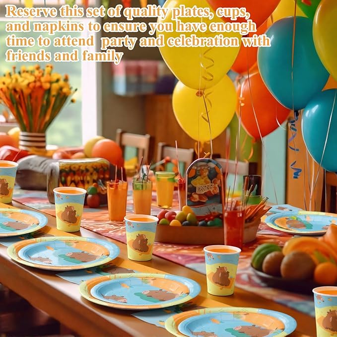 Pickmesh 250 Pcs Capybara Birthday Party Supplies Tableware Set Capybara Disposable Paper Plates Napkins and Cups for Birthday Baby Shower Animal Theme Party Decorations