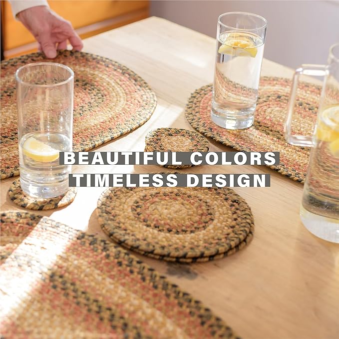 Homespice Russet Jute Braided Oval Placemats, Warm Country Decor, Set of 4, 13x19 Multicolor Table Mats - Vibrant Colors, Durable, Easy to Clean and Protects Furniture