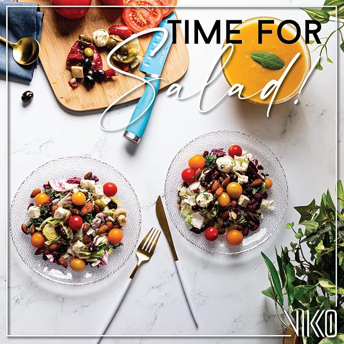 Vikko Salad Plate, Set of 4 Glass Plates, Dessert, Salad, Appetizer Plate, Elegant Textured Glass Design, Stackable 8.5 Inch Plates, Dishwasher Safe