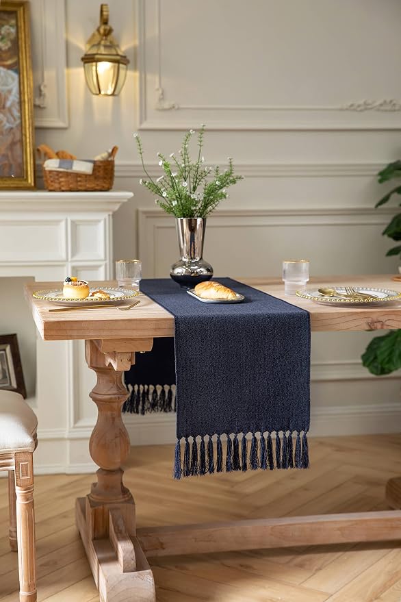 Navy Table Runners 48 Inches Long, Burlap Linen Style Rustic Farmhouse Table - Image 3