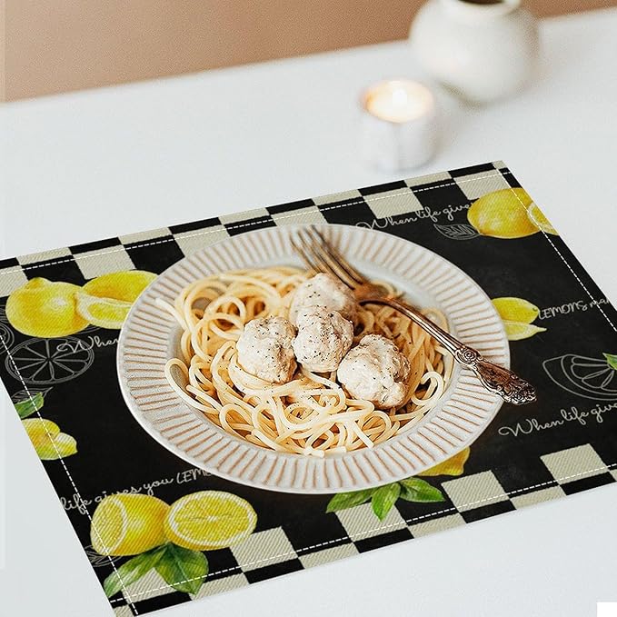 Vintage Lemon Placemat Set, Rustic Farmhouse Yellow Orange Fruit Leaves Black White Plaid Quotes Seamless Pattern Home Decor Linen Table Mats for Dining Room Kitchen Party (17x12in) x6P
