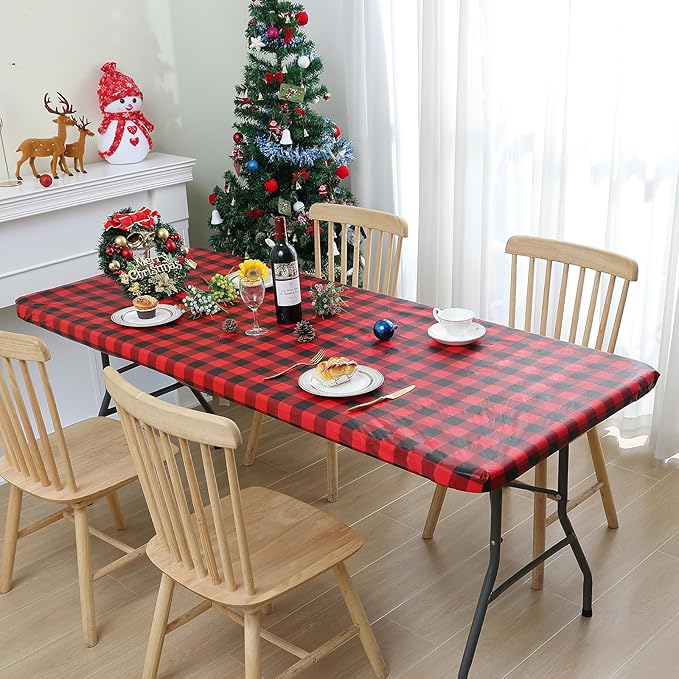 Smiry Rectangle Picnic Table Cloth, Elastic Waterproof Fitted Vinyl Tablecloths, Flannel Backed Buffalo Plaid Table Covers for Dining, Camping, Outdoor (Black and Red, 30" x 48")