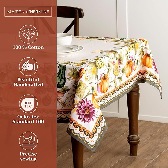 Maison d' Hermine Table Cloth Rectangle Table 100% Cotton 60 x 120 Inches Fall Tablecloth Reusable Everyday Use for Thanksgiving Christmas Decorations Dining Farmhouse (Pumpkin Garden - Cloudy Cream)