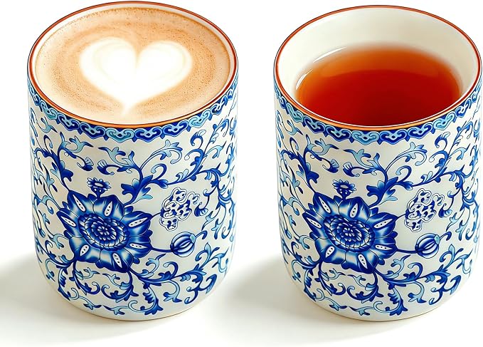 Blue and White Floral Porcelain Tea Cups Set of 2 | No Handle, Bone China by CmengAo