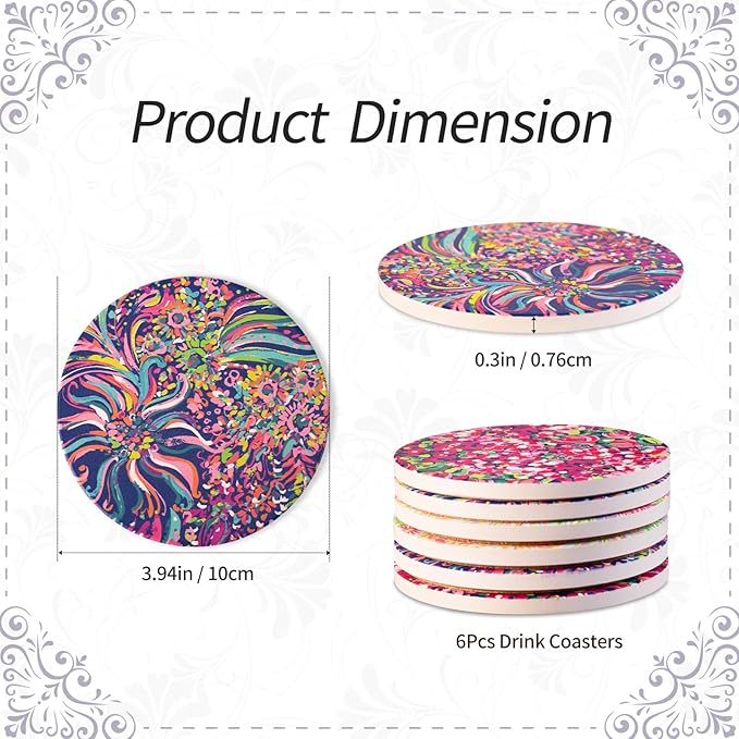 KAMMAK Boho Style Coasters Set of 6 with Cork Base,4in Absorbent Ceramics Art Coaster, Drink Coasters Round Ceramic Table Coasters Set for Decorative, Coffee Cup, Beverage, Wine, Beer, Bar