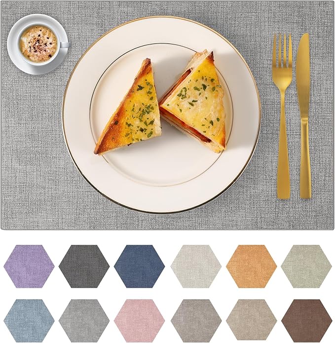 Faux Leather Placemats Set of 4 Washable PU Table mats for Kitchen Table - Heat Resistant, Waterproof, Easy Clean, Anti Slip 11.8" x 17" (Light Grey-4 Pack)