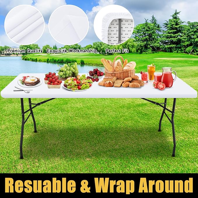 Smiry Rectangle Picnic Table Cloth, Waterproof Elastic Fitted Tablecloths for 8 Foot Tables, Washable Polyester Table Cover for Camping, Indoor and Outdoor (White, 30"x96")
