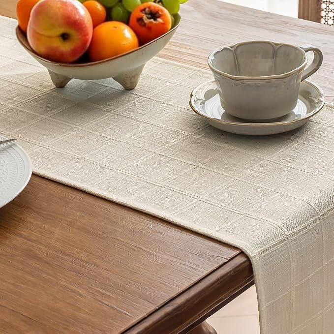 Linen Textured Table Runner, Ivory Table Runners 90 Inches Long | Raised Grid - Image 4
