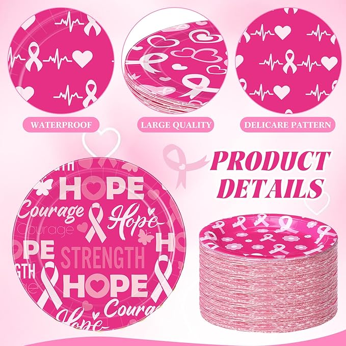 60 Pcs Breast Cancer Awareness Decorations 7 Inch Pink Ribbon Survivor Paper Plates Disposable Party Supplies Hope Love Cure Plates for Breast Cancer Awareness Month Women Charity Activities