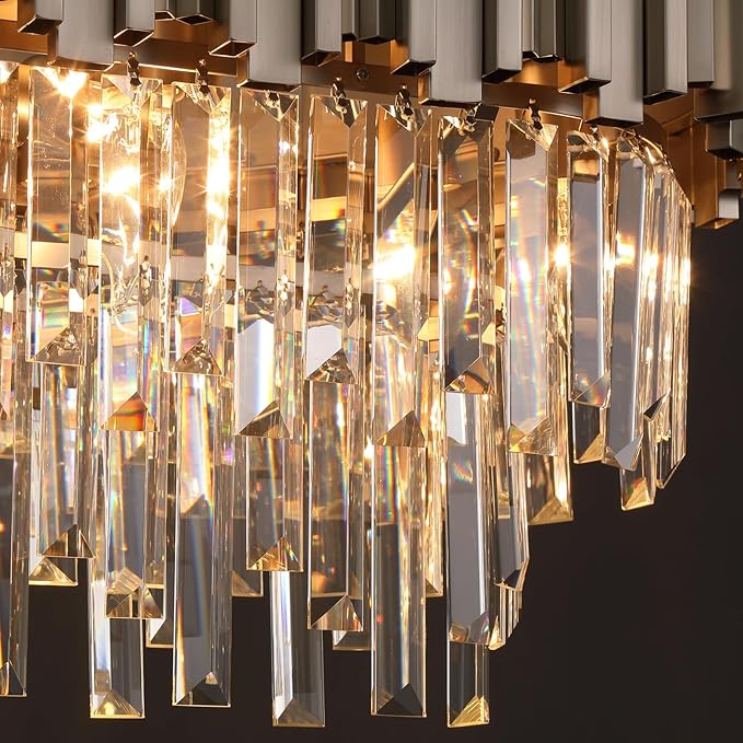 L43.3 Modern Rectangle Crystal Chandelier Nickel Linear Pendant Ceiling Light Fixture for Dining Room Contemporary Oval Raindrop Chandeliers Lighting for Kitchen Island 13-Light