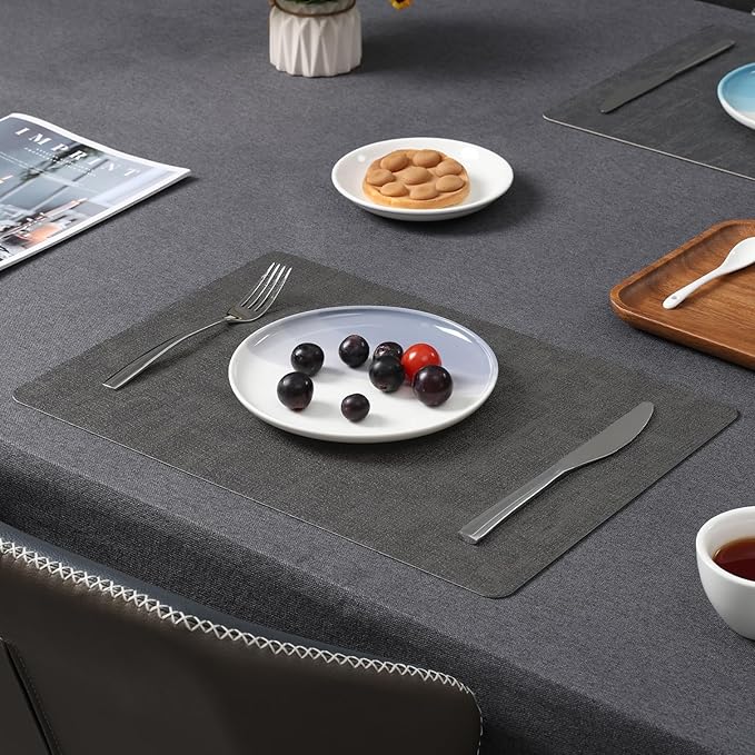 Myir JUN Placemats Dual Sided, Faux Leather Place Mats Set of 6 Indoor Placemat for Dining Table Outdoor Place Mat Manteles Individuales Square Non-Slip Washable Table Mats (Gray Beige, Set of 6)