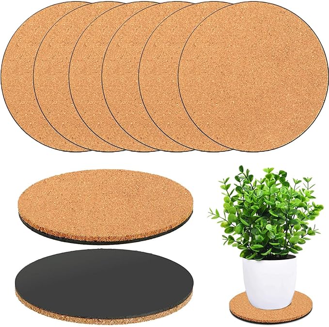 6 Pieces Cork Plant Coasters, 4 Inch Cork Plant Mats, Cork Coaster for Planters, Plant Coasters for House Plants Indoors (Nude & Black)