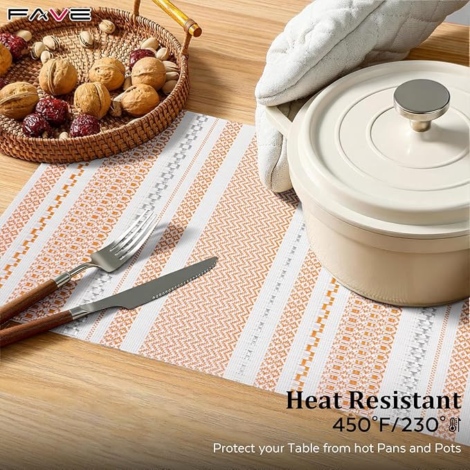 FAVE Boho Vinyl Placemats Set of 6, Durable Woven Place Mats Washable Heat Resistant PVC Table Mats for Parties,Weddings, Dining,Banquet(Orange, 6PCS)