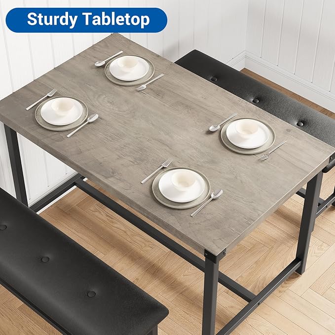 Garvee Dining Table with 2 Benches, Kitchen Table with 2 Upholstered Benches, 3 Piece Dining Table Set Space Saving for Apartment, Kitchen, 44.48" l x 27.58" w x 29.58" h, Grey