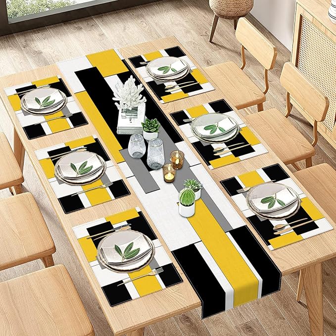Table Runner and Placemats Set of 6, Abstract Geometric | Yellow Black Grey Art by ArtSocket