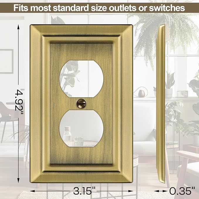 Metal Wall Plate for Electrical Outlets, Decorative Antique Brass Switch Plates Outlet Cover, Light Switch Cover Plate, 1-Gang Wall Plates (Duplex Outlet, 6 Pack)