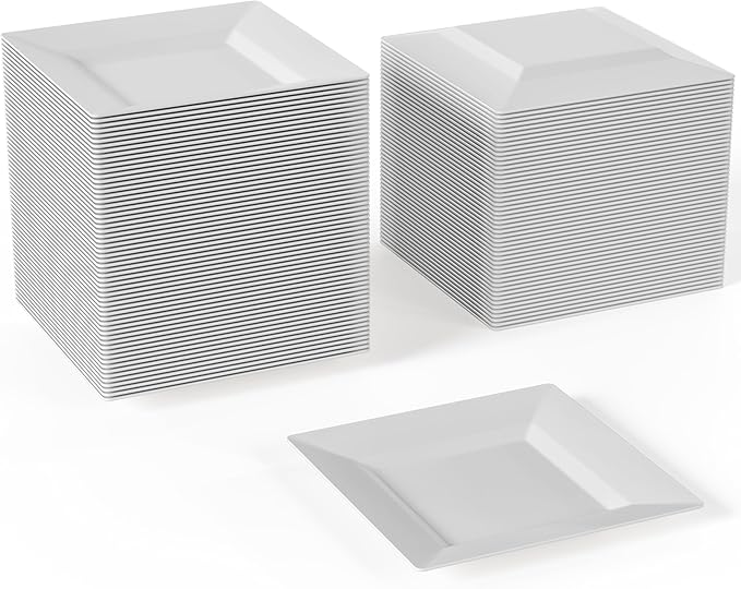 Exquisite Mini Disposable Appetizer Plates - 100 Pack 4.5 In. x 4.5 In. White Plastic Dessert Plates - Elegant Design for Weddings, Birthdays, and Formal Parties - Stackable and Convenient - BPA Free