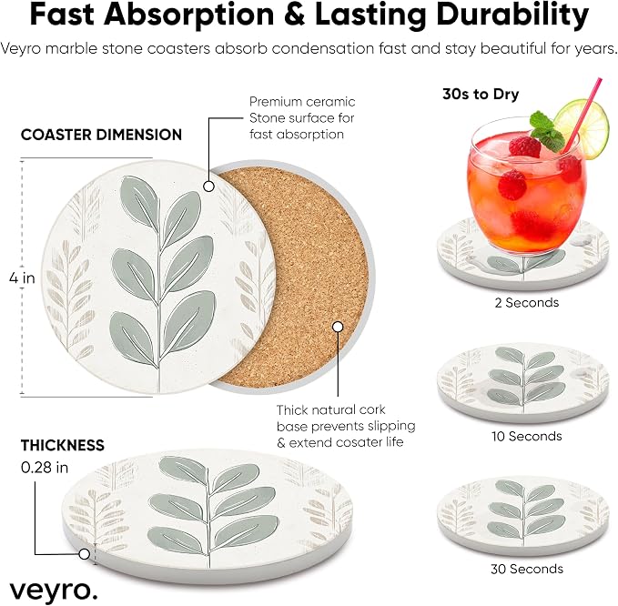 VEYRO Ceramic Coasters Set of 6 – Absorbent Stone Drink Coasters - Image 5