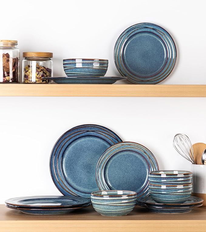 GBHOME Ceramic Dinnerware Sets,12 pcs Embossed Elegant Stoneware Plates and Bowls Sets, Housewarming Wedding Gift | Dishwasher & Microwave Safe | Dishes Set Service for 4,Ceylon Blue