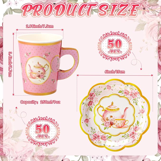Tioncy 100 Pcs Tea Party Decorations Include 50 Pieces 9 oz Paper Tea Cups - Image 2