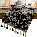 Floral Botanical Table Runner 13 x 48 Inch Black | Jacquard Flower, by HomeyHo
