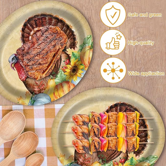 Thanksgiving Oval Paper Plates 10" x 12",Large Disposable Fall Party Decorations Paper Vintage Autumn Turkey Plates for Birthday Holiday Favor Bridal Baby Shower Party Supplies,50 Guests