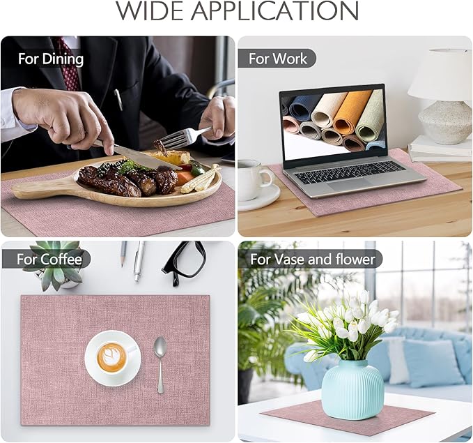 Faux Leather Placemats Set of 4 Washable PU Table mats for Kitchen Table - Heat Resistant, Waterproof, Easy Clean, Anti Slip 11.8" x 17" (Pink-4 Pack)