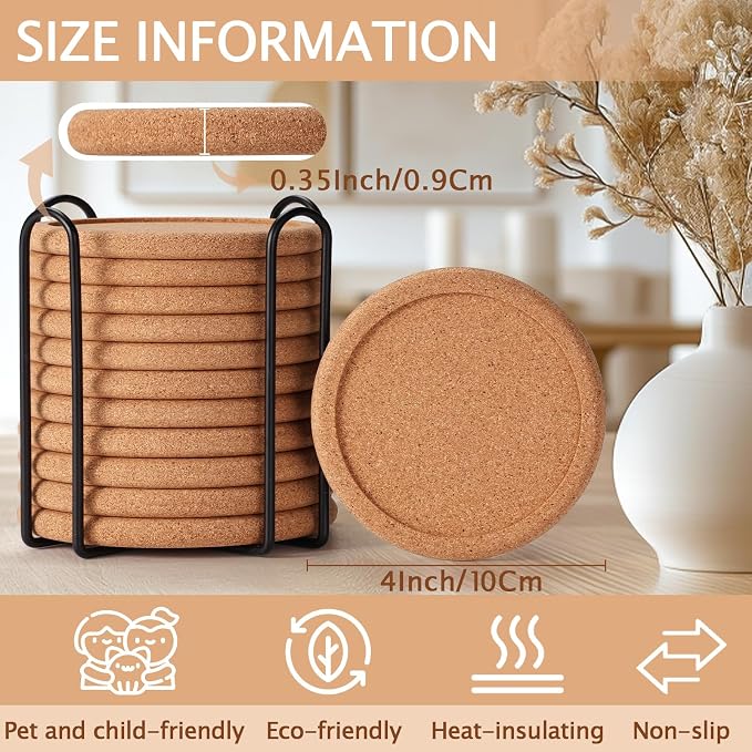 Set of 12 Cork Coasters with Metal Holder, Absorbent Coasters - Image 2