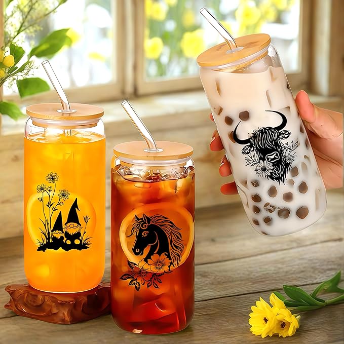 Cute Horse Glass Cup With Lids And Straws, Horse Gift For Women, Iced, Coffee, Smoothie, Cocktail, Beer, Whiskey, Soda, Matcha,16 Oz, Home Office Table Desk Decoration!