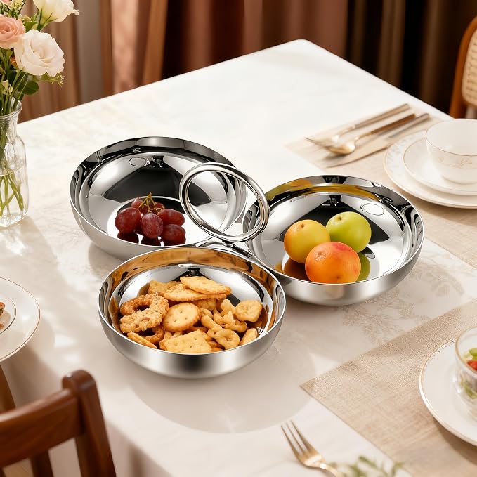 Cluster Serving Bowls 3 in 1 Silver Stainless Steel Snack Bowls Connected Fruit - Image 3