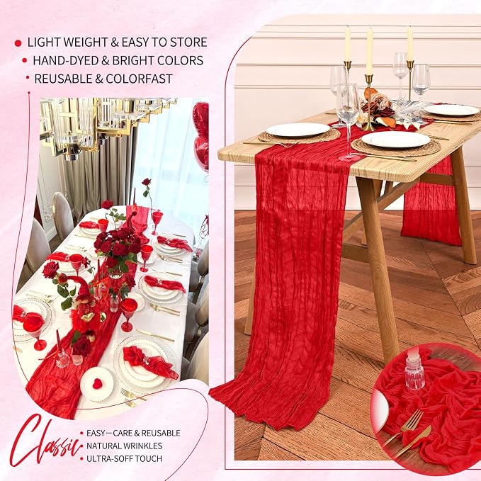 Showgeous 2 Pack Red Cheesecloth Table Runners Boho Wedding Decor | Rustic - Image 5