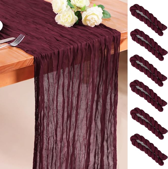Snowkingdom 6PCS 10 Ft Burgundy Red Cheesecloth Table Runner, 120inch Long by Snowkingdom