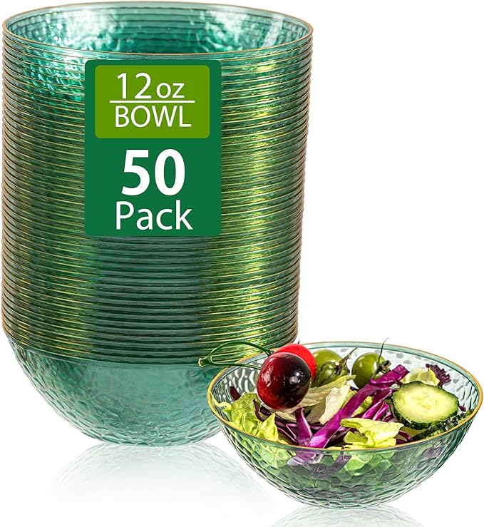 I00000 50 Pack 12 Ounce Clear Green Plastic Bowls Serving Bowls Hammered with Gold Rimmed, Heavy Duty Disposable Bowl Set,Small Bowls for St. Patrick's Day