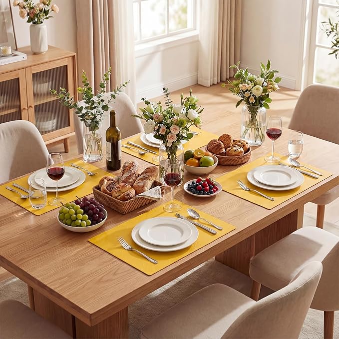 Artoid Mode Yellow Faux Leather Placemats Set of 4, 12x18 Inch Waterproof Wipeable Heat Resistant Vinyl Place Mats, Reversible Table Mats for SummerKitchen Dining Decor