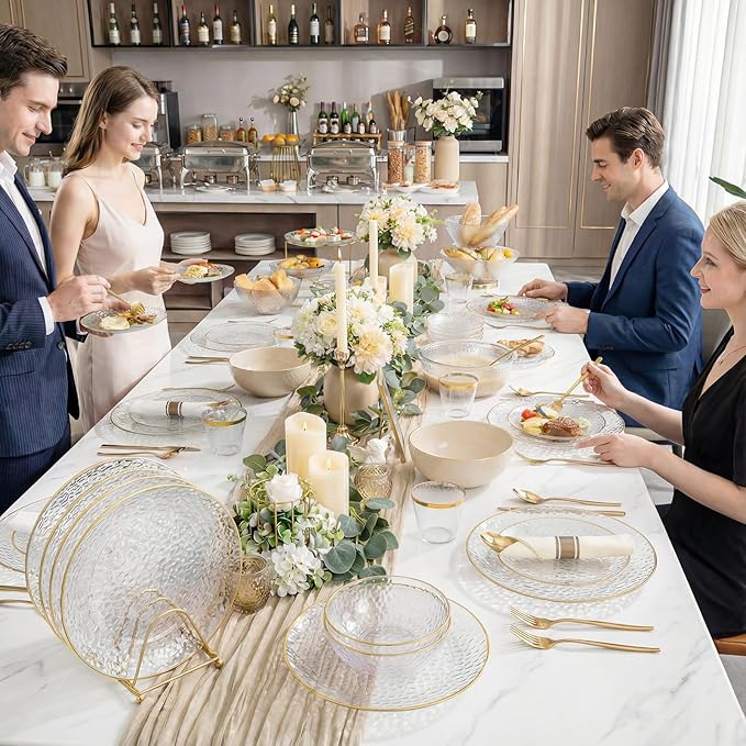 Rubtlamp 700Pcs Gold Plastic Dinnerware Set, Hammered Clear Gold Plates, Fancy Plastic Plates Include 100 Dinner Platos,100 Salad Platos,100 Cups,100 Pack Pre Rolled gold plastic Silverware