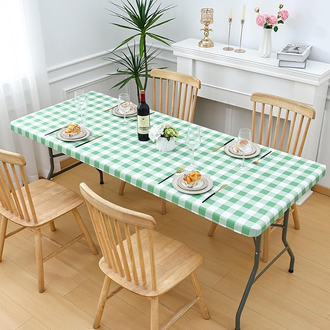 Smiry Rectangle Picnic Table Cloth, Elastic Waterproof Fitted Vinyl Tablecloths, Flannel Backed Buffalo Plaid Table Covers for Dining, Camping, Outdoor (Sage Green and White, 30" x 60")